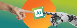 AI marketing represented by a robat and human hand touching an AI symbol